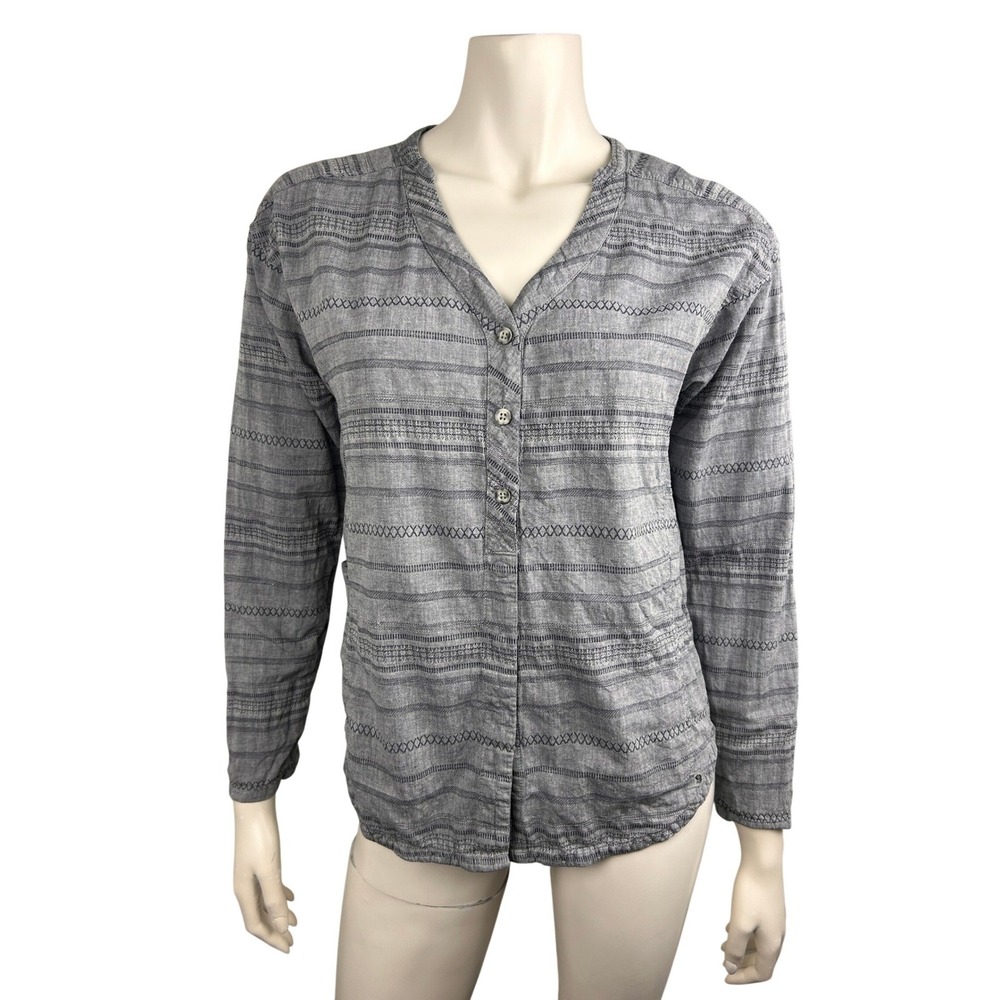 Mountain Hardwear Linen Blend Blouse Womens S Blue Gray Striped Hi Low Top